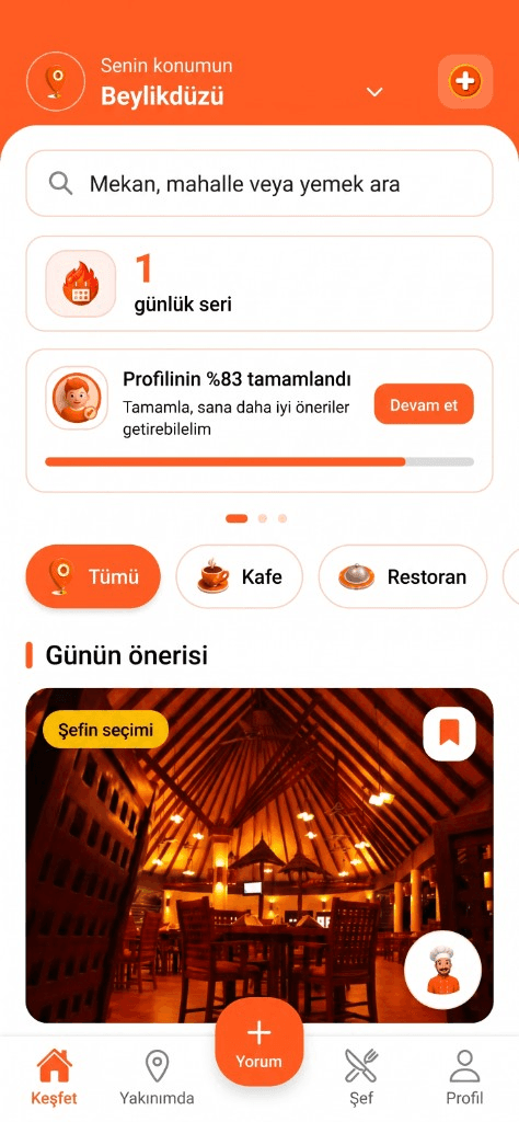 Puanla Keşfet ekranı: konum seçici, arama çubuğu, kategori filtreleri ve günün öneri kartı