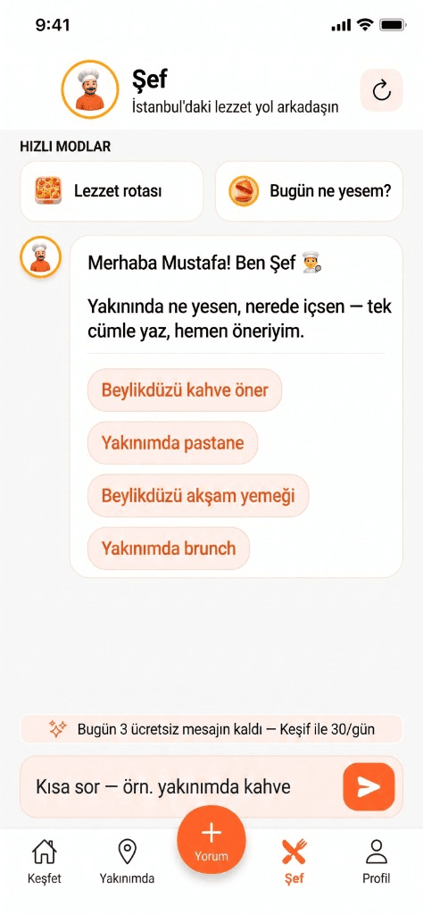 Puanla AI Şef sohbet ekranı: hızlı mod kartları ve hazır öneri soruları