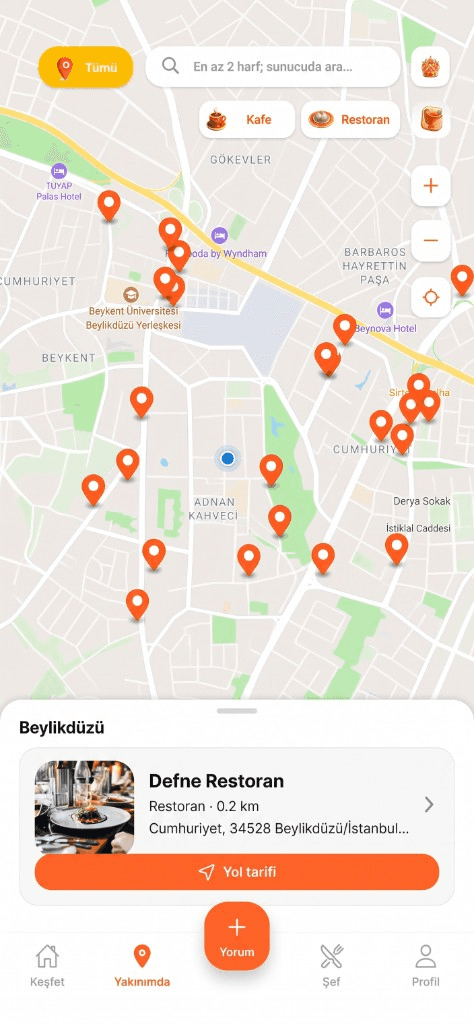 Puanla harita ekranı: çevredeki mekânların işaretlendiği harita ve mekân kartı