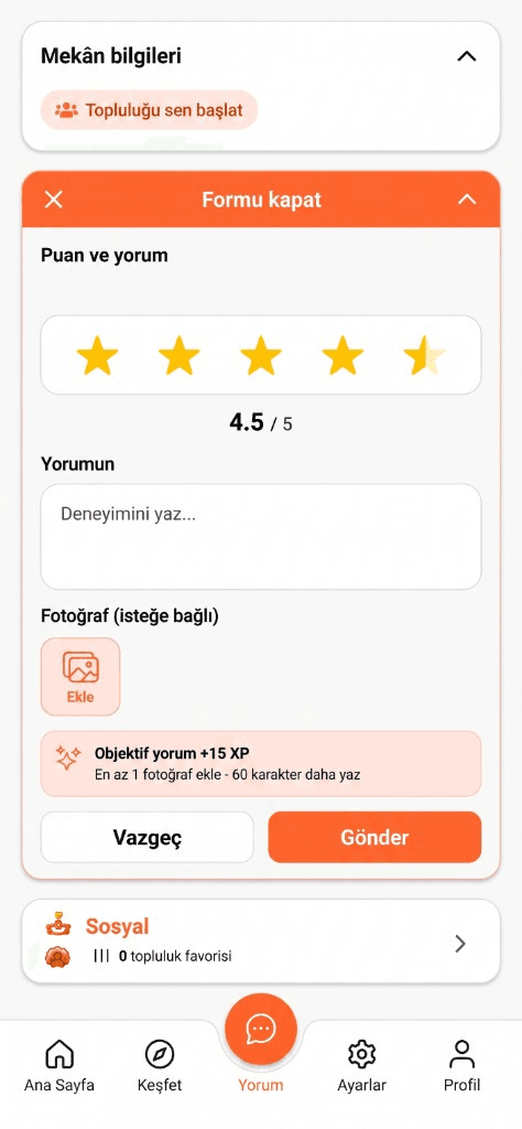 Puanla yorum yazma ekranı: yıldız seçici, yorum alanı ve fotoğraf ekleme